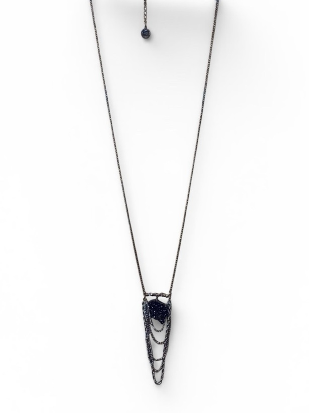KINSLEY ARMELLE Long Necklace Draped & Fixated Pendant Druzy Quartz 30” SIL BLK